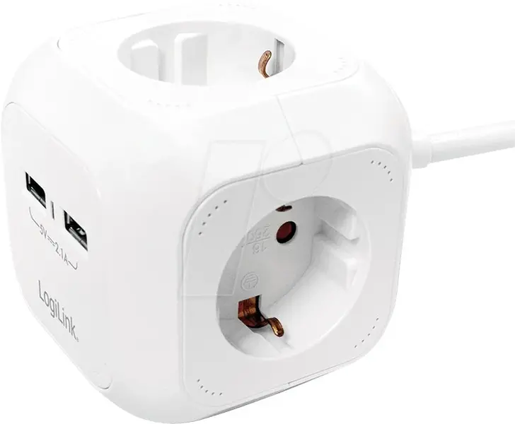 Kabëll vazhduese LogiLink,AC 250V 2xUSB 4x, 1,4m/ White