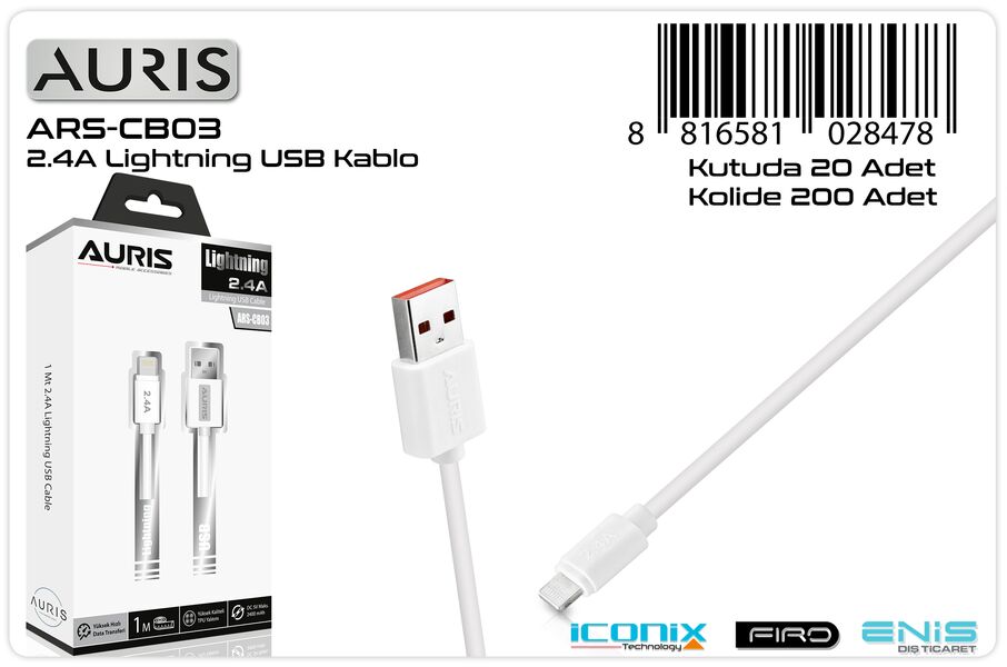 Kabëll telefoni Auris USB ARS-CB03 1.2A  1M